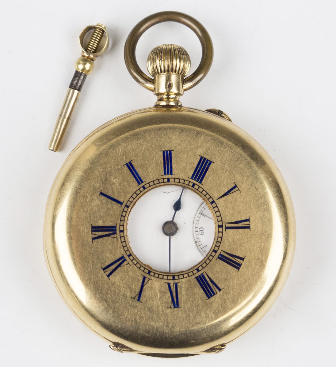 A gold keyless wind half-hunting cased gentleman's pocket watch with unsigned jewelled lever