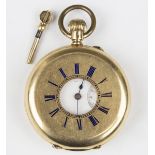 A gold keyless wind half-hunting cased gentleman's pocket watch with unsigned jewelled lever