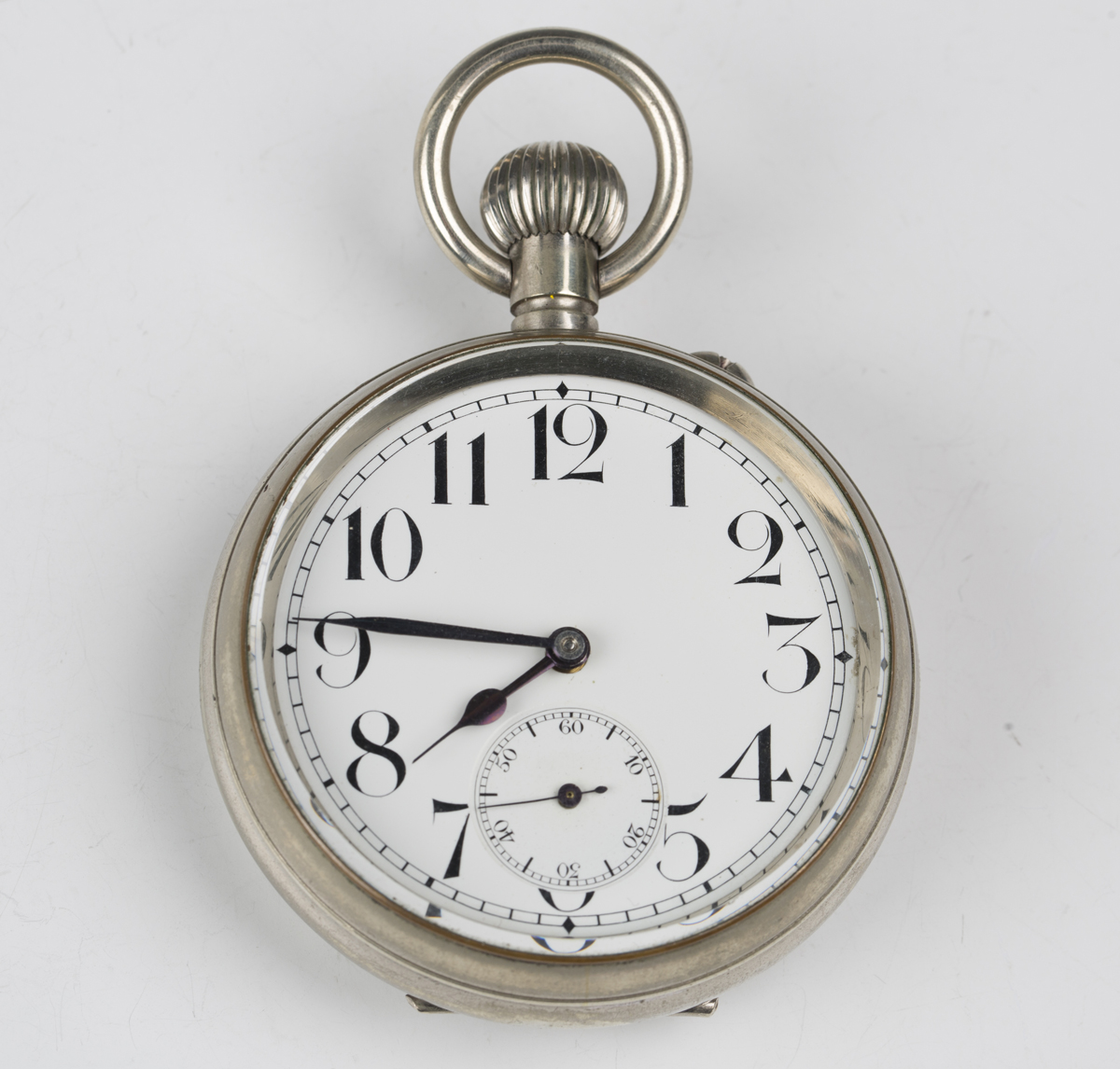 An early 20th century plated keyless wind open-faced Goliath pocket watch, the enamel dial with - Image 8 of 8