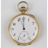 An 18ct gold cased keyless wind open-faced gentleman's pocket watch, the gilt jewelled lever
