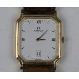 An Omega de Ville 18ct gold cased wristwatch with Quartz movement, the white enamelled dial with