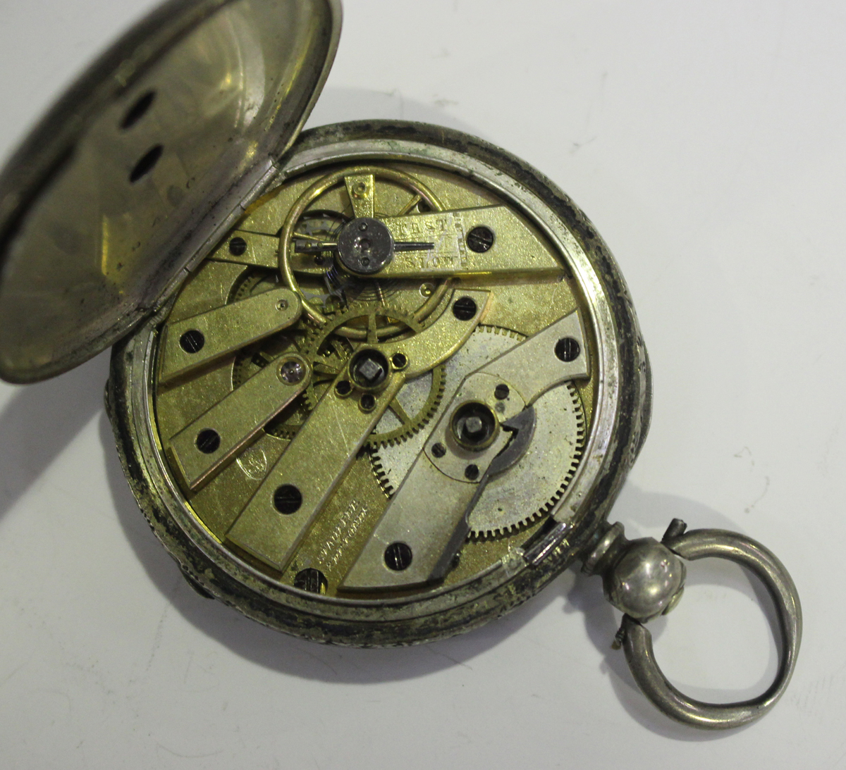 A base metal cased keyless wind open-faced Goliath pocket watch, the enamelled dial with black Roman - Image 3 of 10