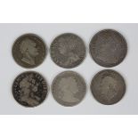 A group of British coins, comprising a George III three shillings bank token 1811 and five half-