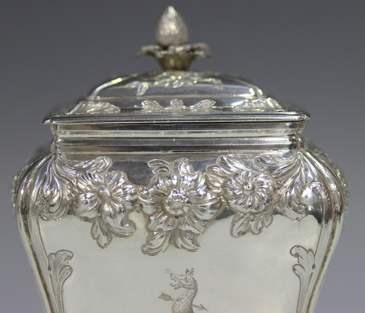 A set of three George III silver graduated tea caddies and covers with strawberry finials, each of - Image 7 of 30