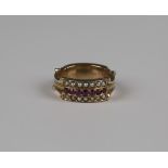 A gold, turquoise, ruby and seed pearl twin sided ring, one side with a central row of rubies