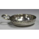 A late 18th century French silver tasse du vin of circular form with entwined snake handle, the side