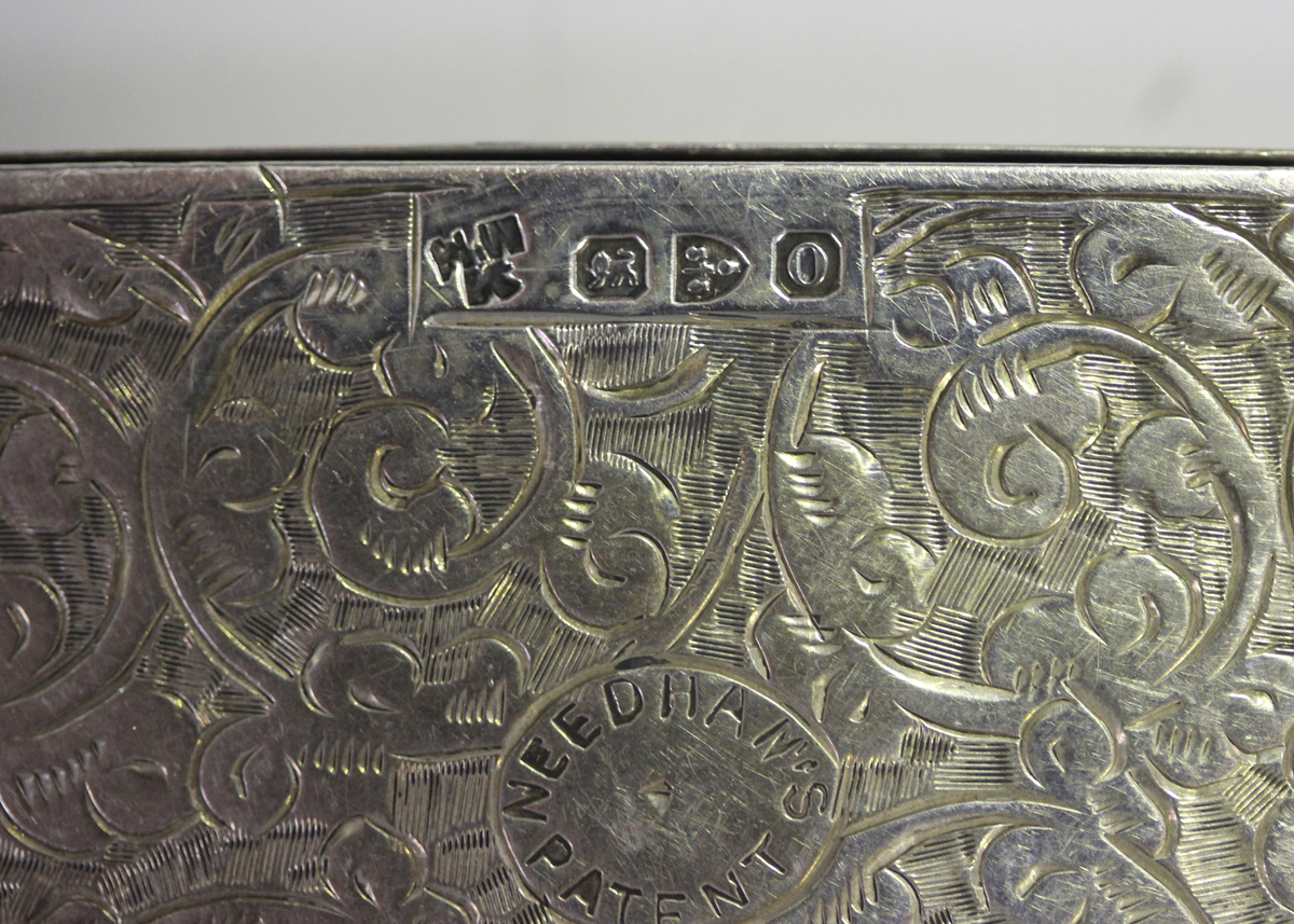 A late Victorian Needham's patent silver card case of rectangular form, engraved with foliate - Image 7 of 10