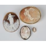 A gilt metal mounted oval shell cameo brooch, carved as a classical scene, width 6cm, a carved