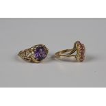 A gold ring, claw set with a circular cut amethyst, unmarked, weight 6.7g, ring size approx Q, and a