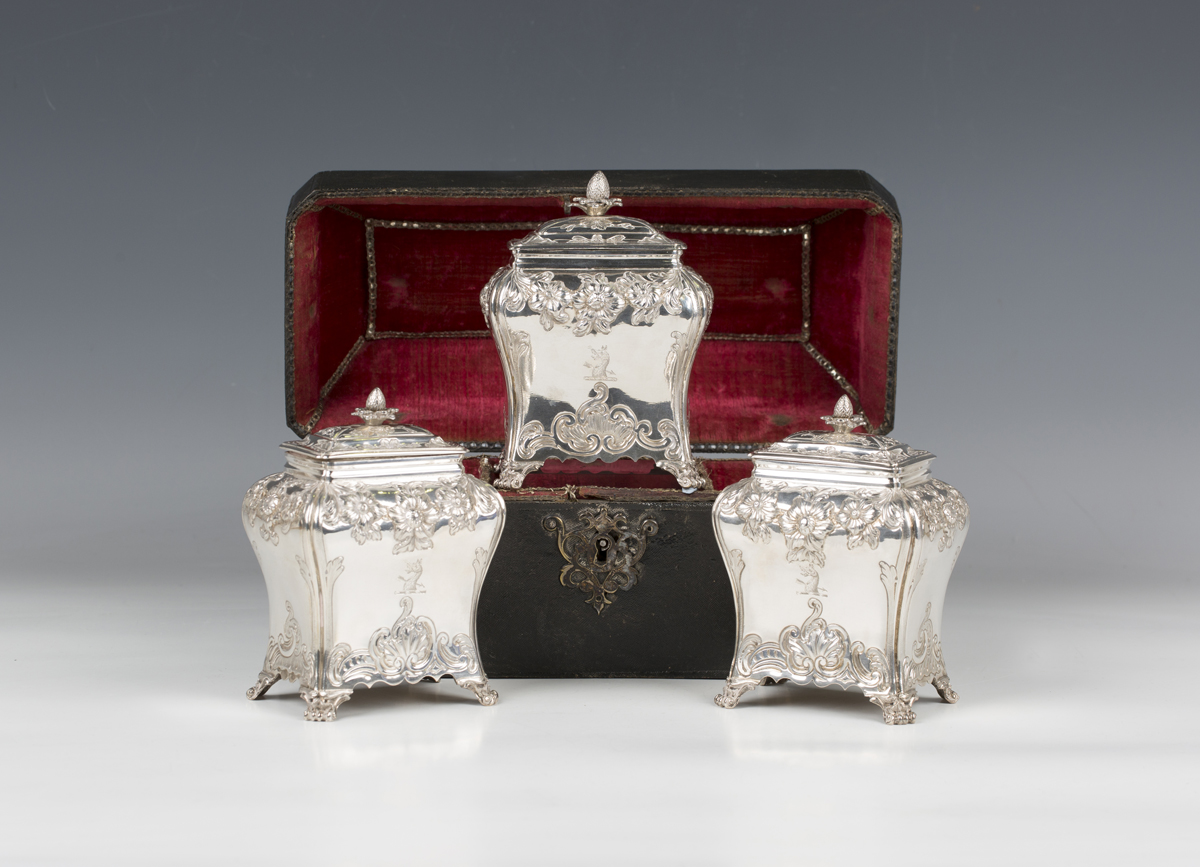 A set of three George III silver graduated tea caddies and covers with strawberry finials, each of - Image 6 of 30