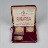 A Pobjoy Mint Isle of Man 22ct gold proof part coin set 1973, comprising five pounds coin, two