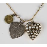 A gold, diamond and cultured pearl pendant, designed as a heart, unmarked, weight 5.7g, length 2.