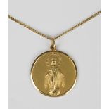 A gold devotional pendant, unmarked, weight 10.1g, length 4cm, fitted to a faceted curblink