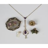 A gold, amethyst and seed pearl pendant necklace on a cylindrical clasp, detailed '9ct', weight 2.