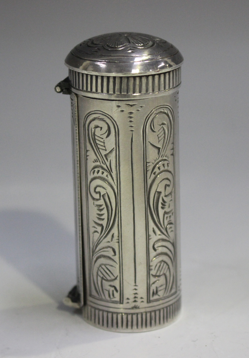 A late 20th century Dutch silver nutmeg grater of cylindrical form with domed hinged lid and