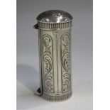 A late 20th century Dutch silver nutmeg grater of cylindrical form with domed hinged lid and