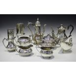 A collection of plated items, including a circular lobed swing handled basket, teapot and matching