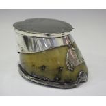 A late 19th century plate mounted horse's hoof inkwell with hinged lid, the front with an applied