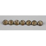 Seven Edwardian silver mounted Satsuma earthenware buttons, Birmingham 1909, weight 16.2g, each