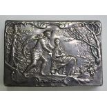 A late 19th century German silver rectangular snuff box, the hinged lid embossed with a seated