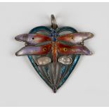 An enamelled and blister pearl pendant with a dragonfly motif in the Art Nouveau taste, length 3.