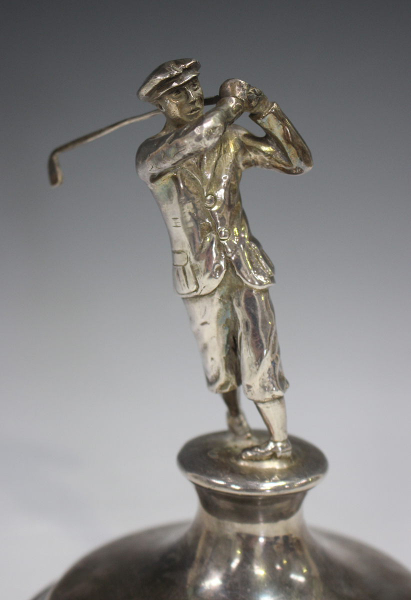A silver trophy cup cover, the finial in the form of a golfer swinging a club, no date or maker's - Image 2 of 2