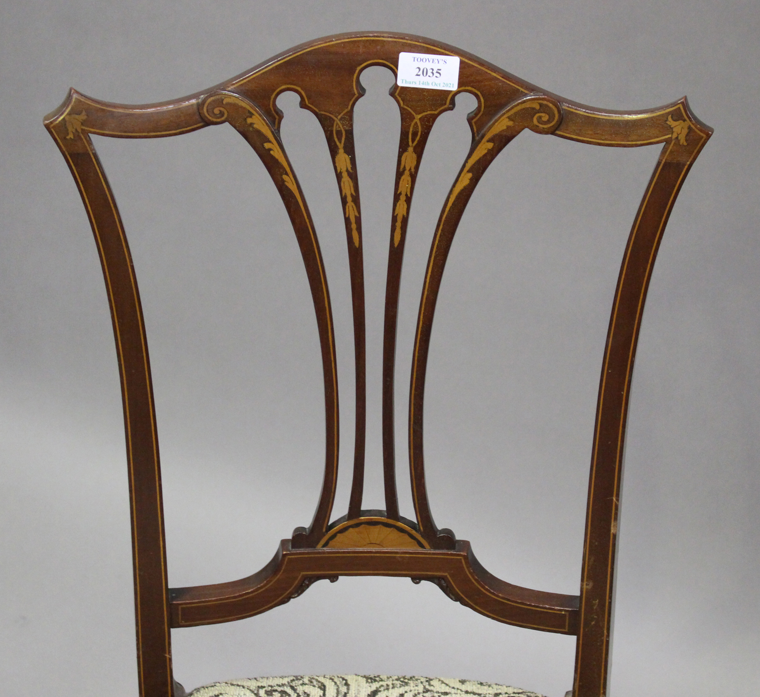 A pair of Edwardian mahogany and boxwood line inlaid bedroom chairs by Maple & Co, height 89cm, - Image 10 of 10