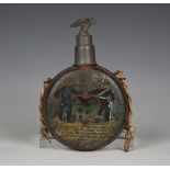A pre-First World War German regimental flask, the glass-bodied canteen within a lithographed tin
