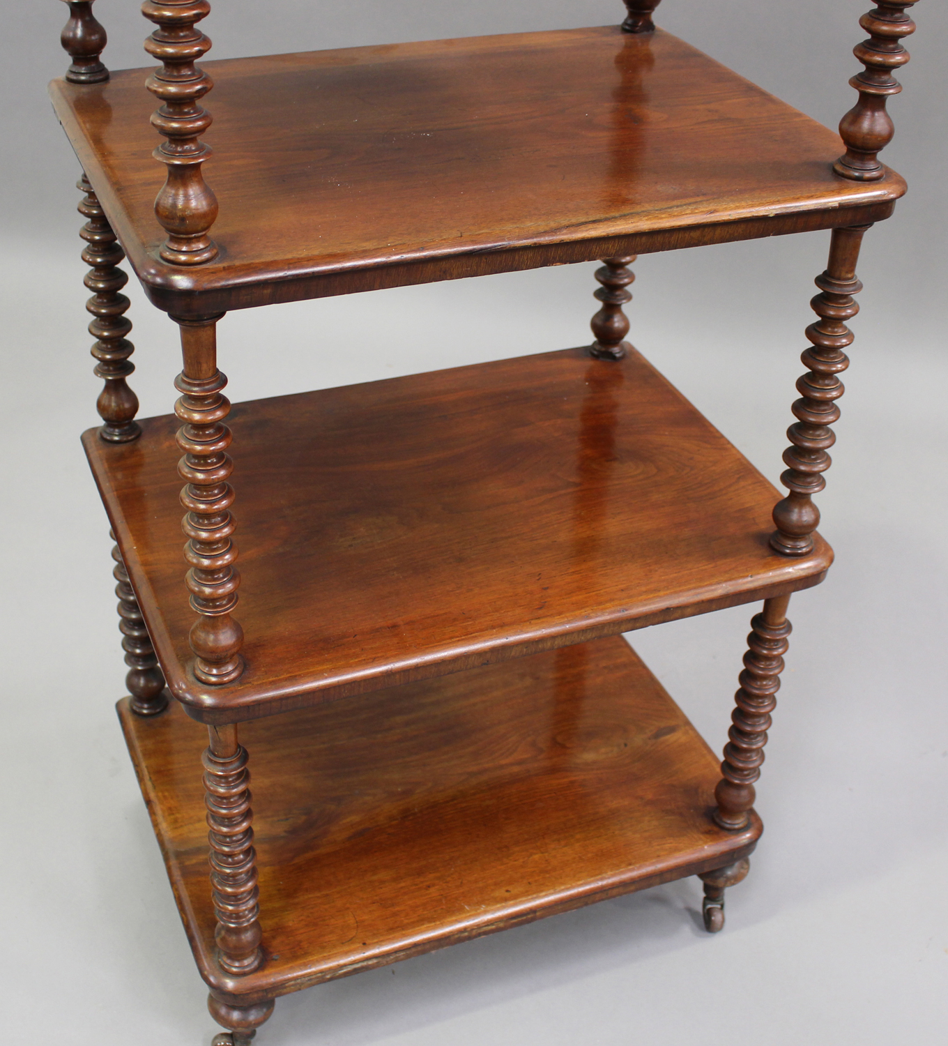 A Victorian mahogany four-tier whatnot with pierced gallery top, raised on bobbin turned supports, - Image 4 of 5