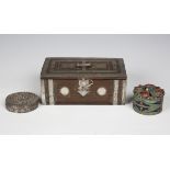 A 19th century Eastern hardwood and white metal mounted box, height 6cm, width 15cm, depth 19cm,