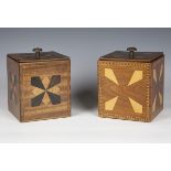 A near pair of early 20th century trench art tea caddies of square form with inlaid geometric