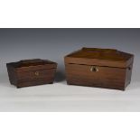 An early Victorian rosewood sarcophagus tea caddy, decorated with a beaded band and fitted with a