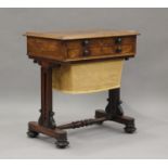 A Regency rosewood work table, the hinged lid above a drawer and basket, on scroll supports and