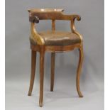 A late 20th century French walnut bar chair with brown leather seat, raised on cabriole legs, height