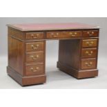 A Victorian mahogany twin pedestal desk, fitted with nine drawers, height 76cm, width 123cm, depth