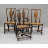 A set of four early 18th century provincial oak splat back dining chairs, the solid seats on