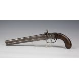 An unusual 19th century side-hammer double-barrelled holster pistol, barrel length 26cm, with