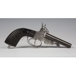 A 19th century French double-barrelled break-open pinfire pistol, the boxlock action with engraved