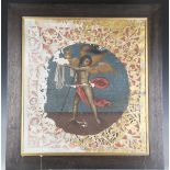 An Italian painted and gilded card panel of an angel holding a tray and jug within a pierced border,