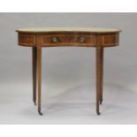 An Edwardian mahogany kidney shaped writing table, crossbanded in satinwood, fitted with a single