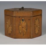 A George III satinwood hexagonal tea caddy with fan inlaid decoration, height 11cm, width 15cm,