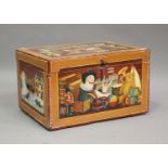 A late Victorian toy box, later polychrome painted throughout with toys and dolls, with applied