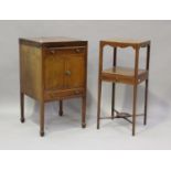 A George III mahogany washstand with double hinged top, cupboard and drawer, height 81cm, width