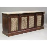 A modern reproduction mahogany sideboard, the marble top above four doors with gilt metal trellis