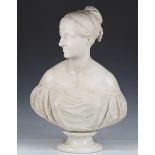 A Victorian carved white marble head and shoulders portrait bust of a maiden, attributed to