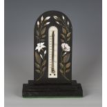 A Victorian Derbyshire slate and hardstone inlaid desk thermometer with ivory scale, height 21.5cm.