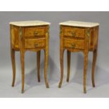 A pair of 20th century French kingwood and gilt metal mounted, marble topped bedside chests, each