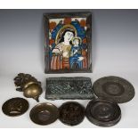 A group of collectors' items, including a 19th century circular pewter charger (reduced in size),