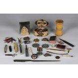 A small group of collectors' items, including a straw work oval box, a leather needle case and an