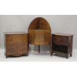 A George III mahogany corner washstand with galleried back above cupboard and drawer, on outswept